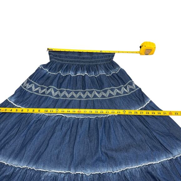 Indigo And Lace Peasant Tiered Skirt Denimlike Chambray XL Bohemian Boho - Picture 6 of 7